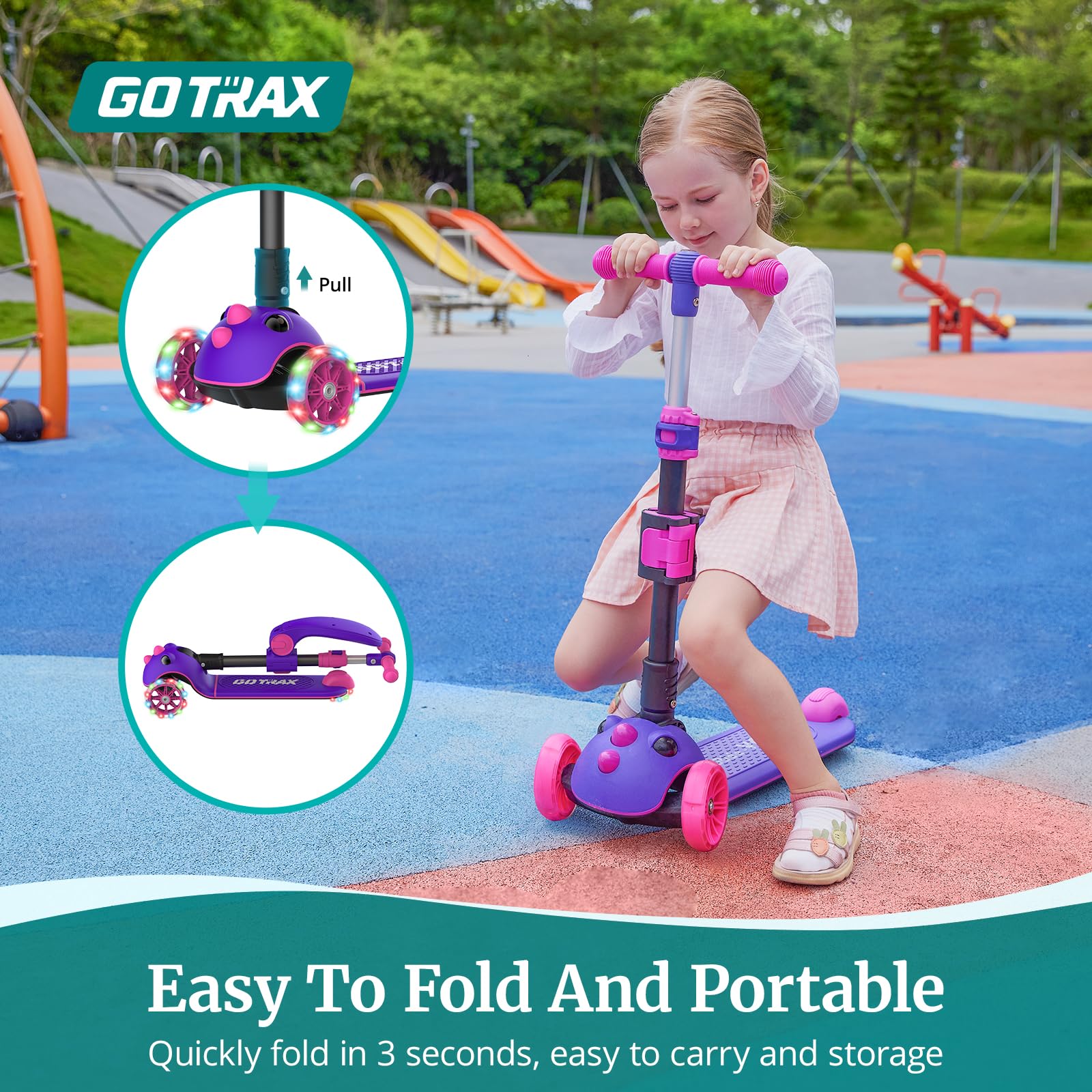 Gotrax KS3 Pro Kick Scooter for Kids, One Key Removable Seat & 3 Extra Wide PU Light-Up Wheels and Anti-Slip Deck, Adjustable Height Handlebar and Lean-to-Steer, Foldable Scooter for Children Aged 2-8