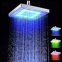 Led Shower Head, Square Shower Head 8 Inch, Rainfall Led Shower Head for Bathroom, Led Shower Head Color Changing, Shower Head Led Lights with 3 Color, Temperature-Sensitive