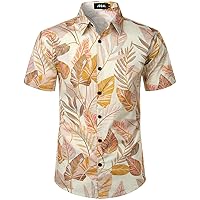 JOGAL Men's Flower Cotton Button Down Short Sleeve Hawaiian Shirt