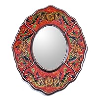 NOVICA Reverse Painted Glass Mirror Vintage Style Wall Red Woodglass Peru Decor Mirrors Colonial Floral 'Red Colonial Wreath'