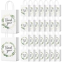 PerKoop 60 Pcs Thank You Gift Bags Bulk Paper Gold Thank You Wedding Bags with Handle for Business, Shopping, Wedding, Baby Shower, Party Favors (White, Green,Eucalyptus Leaf)