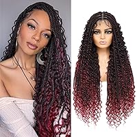 Bohemian Braided Wigs Boho Box Braid Wigs Knotless Goddess Locs Wigs with Curly Ends Double Full Lace Square Synthetic Burgundy Red Braided Wigs with Baby Hair for Woman (32 Inch,1B/BUG)