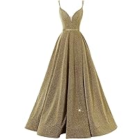 Women's Glittery Spaghetti V-Neck Backless Prom Dresses Long Side Split Formal Evening Gowns