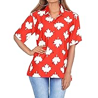 HAPPY BAY Hawaiian Shirts Womens Casual Summer Button Down Beach Party Short Sleeve Blouse Shirt Blouses Dress Tee Shirts Dresses for Women M Maple Leaf Flag, Red