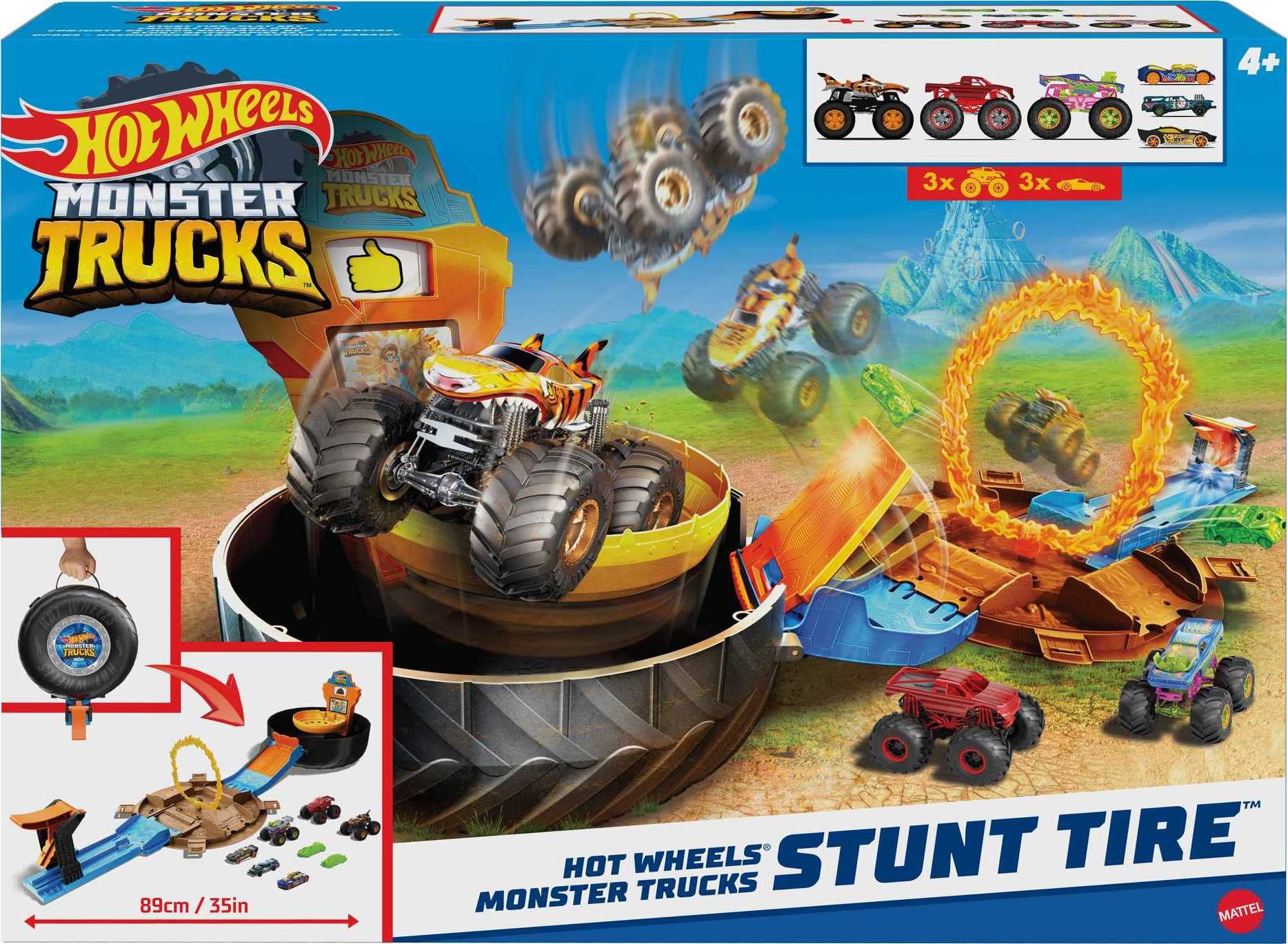 Hot Wheels Monster Trucks Stunt Tire Playset With 3 Toy Monster Trucks & 4 Hot Wheels Toy Cars in 1:64 Scale [Amazon Exclusive]