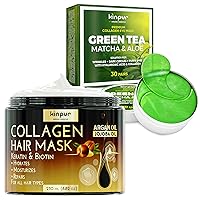 KINPUR Green Tea Eye Patches and Hair Mask Bundle - 30 Pairs of Under Eye Patches for Wrinkles, Eye Bags, Dark Circles and Hair Mask for Dry and Damaged Hair - American Quality