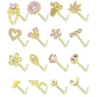 Tornito 16Pcs Nose Stud Rings L Screw Shaped Nose Ring Flower Snake Butterfly Heart Eye CZ Dangle Nose Rings Stud Body Piercing Jewelry for Women Men 20G Silver Pink Tone