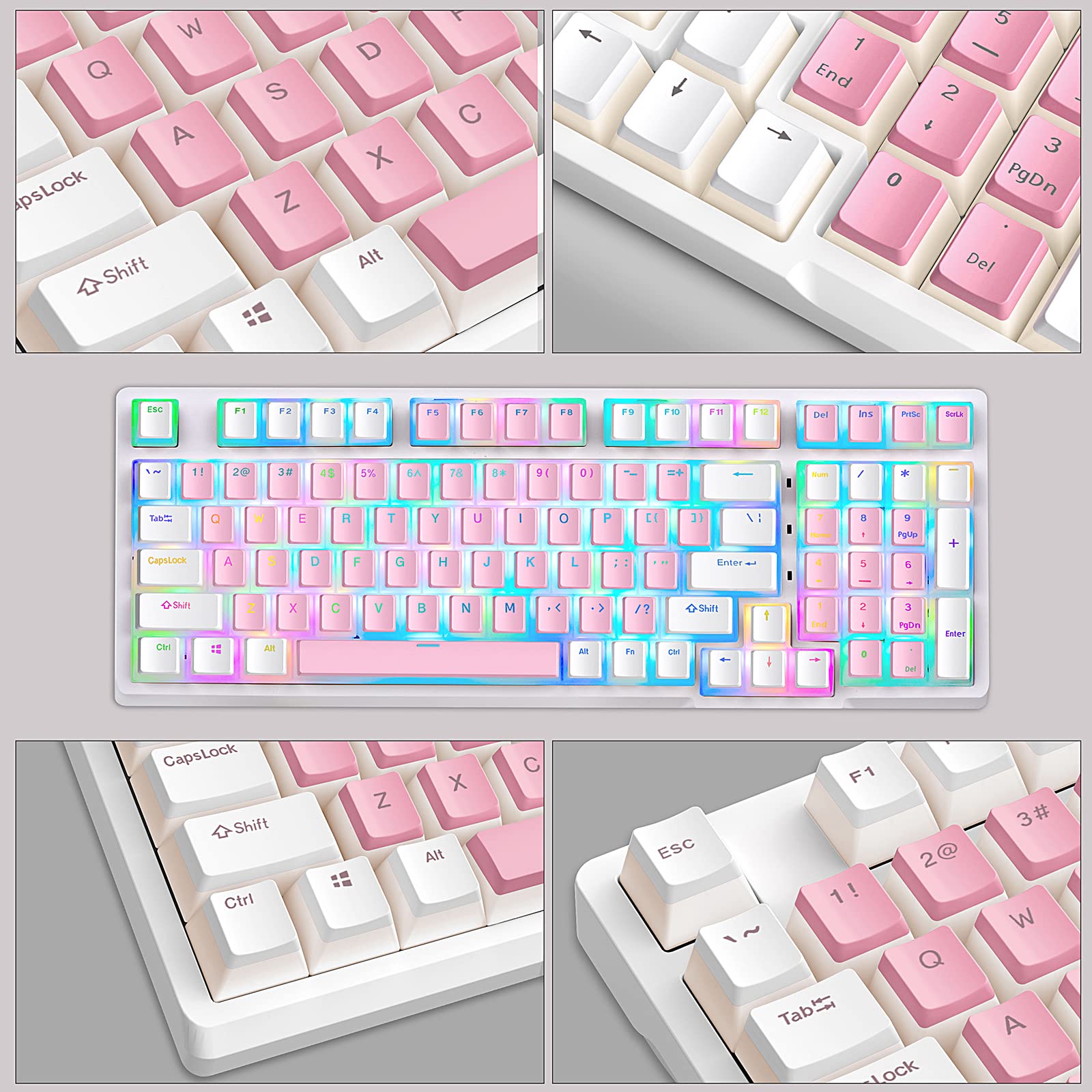 KOLMAX 98-Key RGB Hot-swappable Mechanical Gaming Keyboard, 2.4G Wireless/BT5.0/Wired with PBT Double-Shot Pudding Keycaps Pink-White Gaming Keyboard for Mac & Win Programmable Macro (Pink Switches)