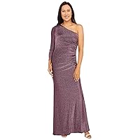 Adrianna Papell One Shoulder Metallic Knit Side Draped Mermaid Gown Amethyst 12