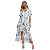 VintageClothing Women's Wrap V Neck Floral Summer Dresses High Low Maxi Casual