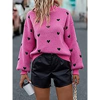 Women's Sweater Sweater for Women Heart Pattern Mock Neck Drop Shoulder Sweater (Color : Hot Pink, Size : X-Large)