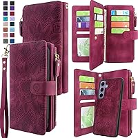 Harryshell Detachable Magnetic Zipper Wallet Leather Case with Cash Coin Pocket 12 Card Slots Holder Wrist Strap Lanyard for Samsung Galaxy S24 5G 6.2 inch (2024) (Flower Wine Red)