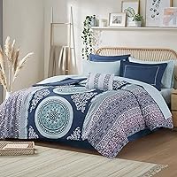 Intelligent Design Complete Bed In A Bag Casual Boho Comforter with Sheet Set Decorative Pillow, All Season Bedding Set, Twin, Loretta Navy 7 Piece