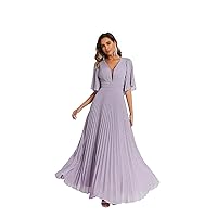 Women's Long Dress Short Sleeve V Neck Pleated Party Prom Evening Dresses