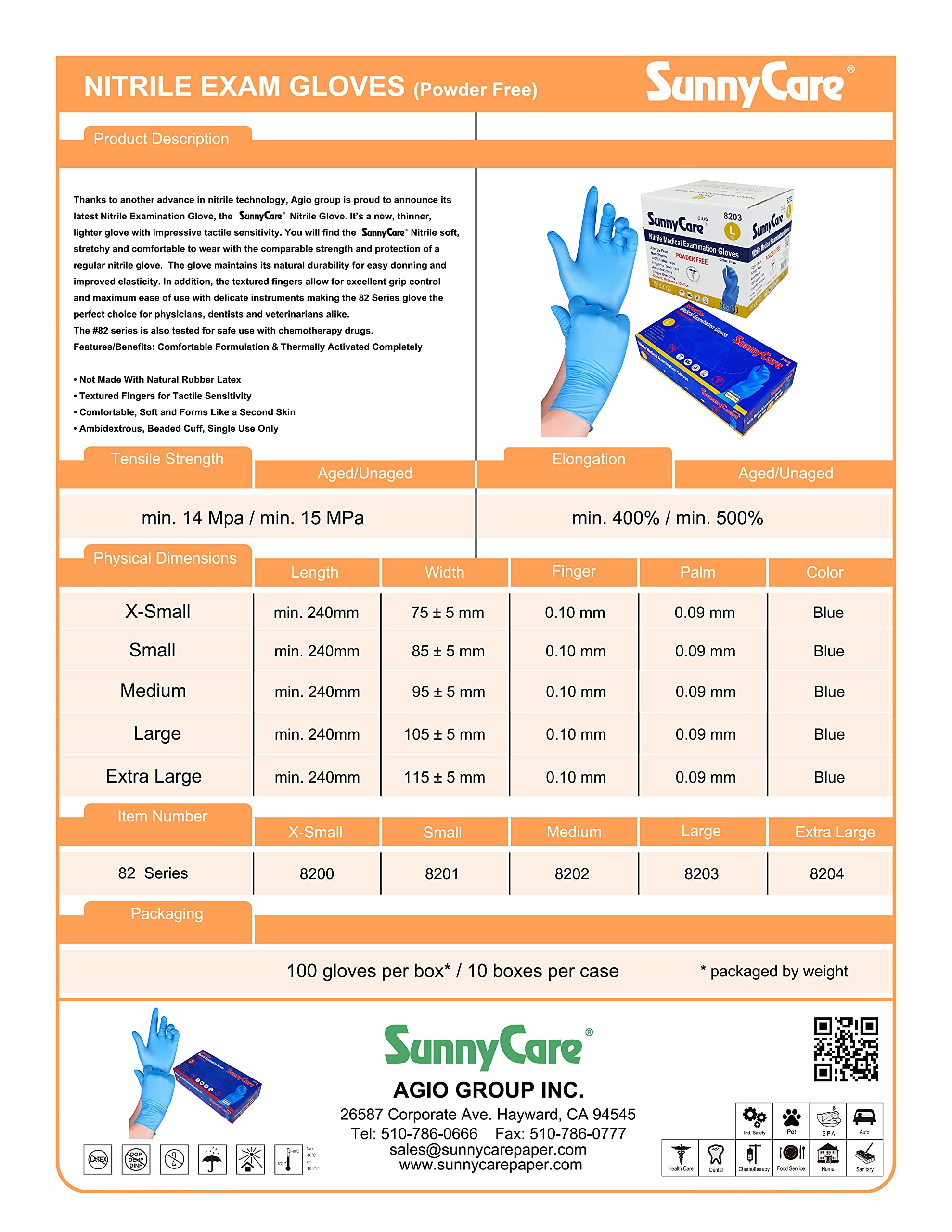 SunnyCare 1000 8202 Blue Nitrile Medical Exam Gloves Powder Free Chemo-Rated (Non Vinyl Latex) 100/box;10boxes/case Size: Medium