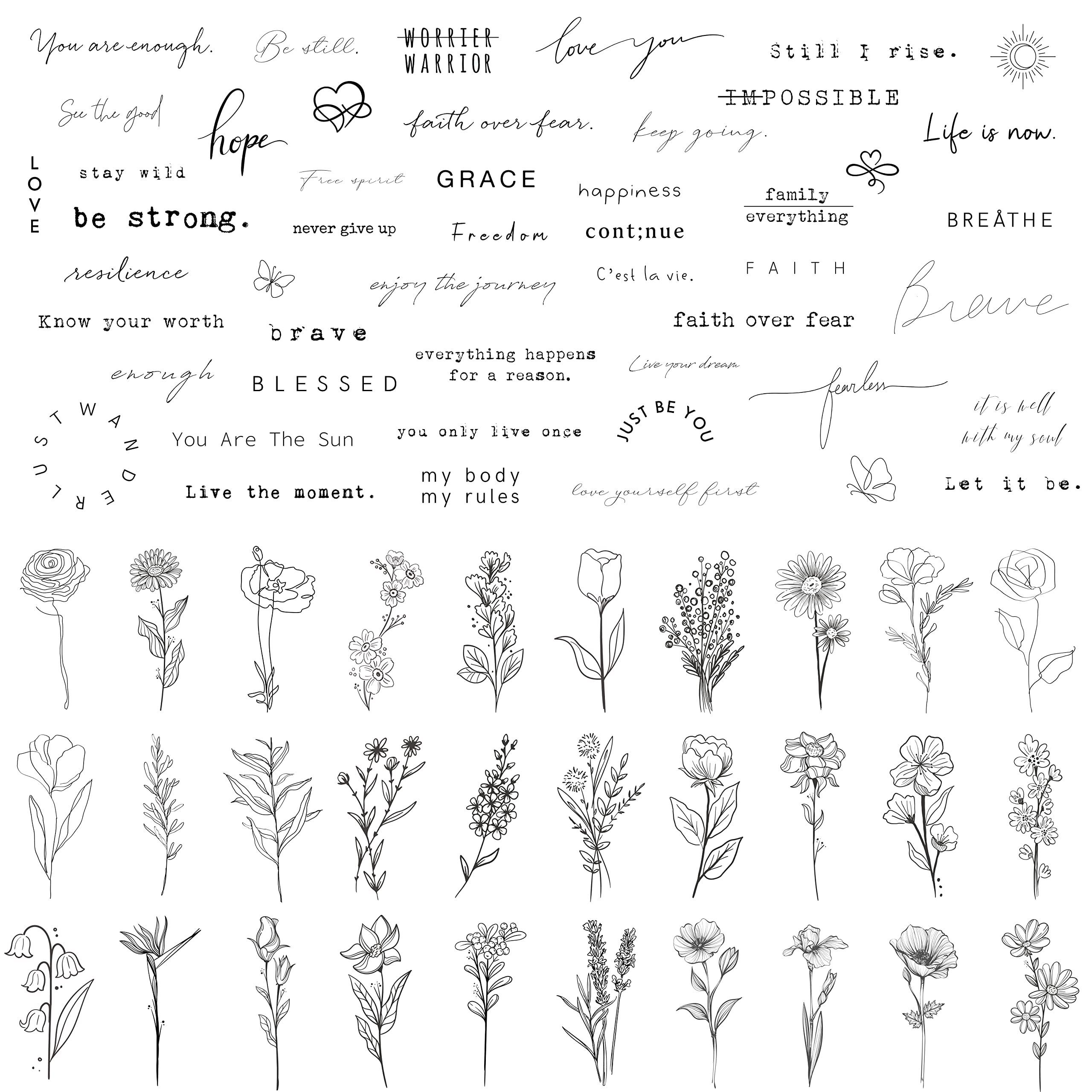 TATUWST Realistic Temporary Tattoos - 60 Sheets Tiny Small Removable Tattoos, 30 Pcs Inspirational Quotes Words Tattoos, 30 Pcs Wild Flower Ink Line Botanical Floral Leaf Tattoo Stickers for Women