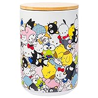 Sanrio Hello Kitty and Friends Badtz-Maru, Keroppi, My Melody, Pochacco, Chococat, Pompompurin, Little Twin Stars Wax Resist Ceramic Cookie Snack Jar Container with Bamboo Lid (Small)
