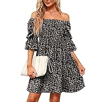 Womens Summer Puff Sleeve Square Neck Dress Casual Flowy Swing Plus Size Dress Workout Pleated Princess Cocktail Party Dress
