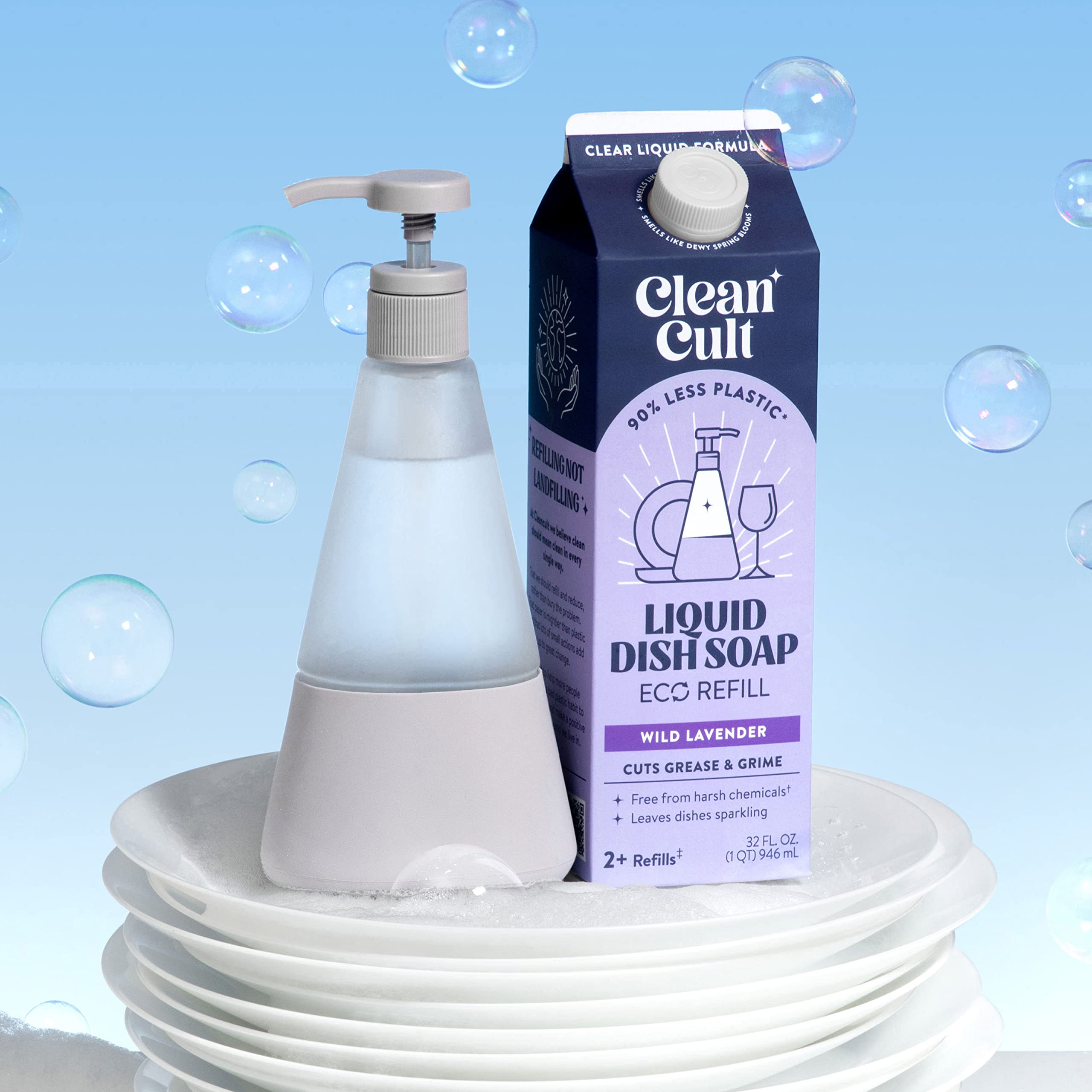 Cleancult Dish Soap Liquid Refills (32oz, 3 Pack) - Dish Soap that Cuts Grease & Grime - Free of Harsh Chemicals - Paper Based Eco Refill, Uses 90% Less Plastic - Wild Lavender