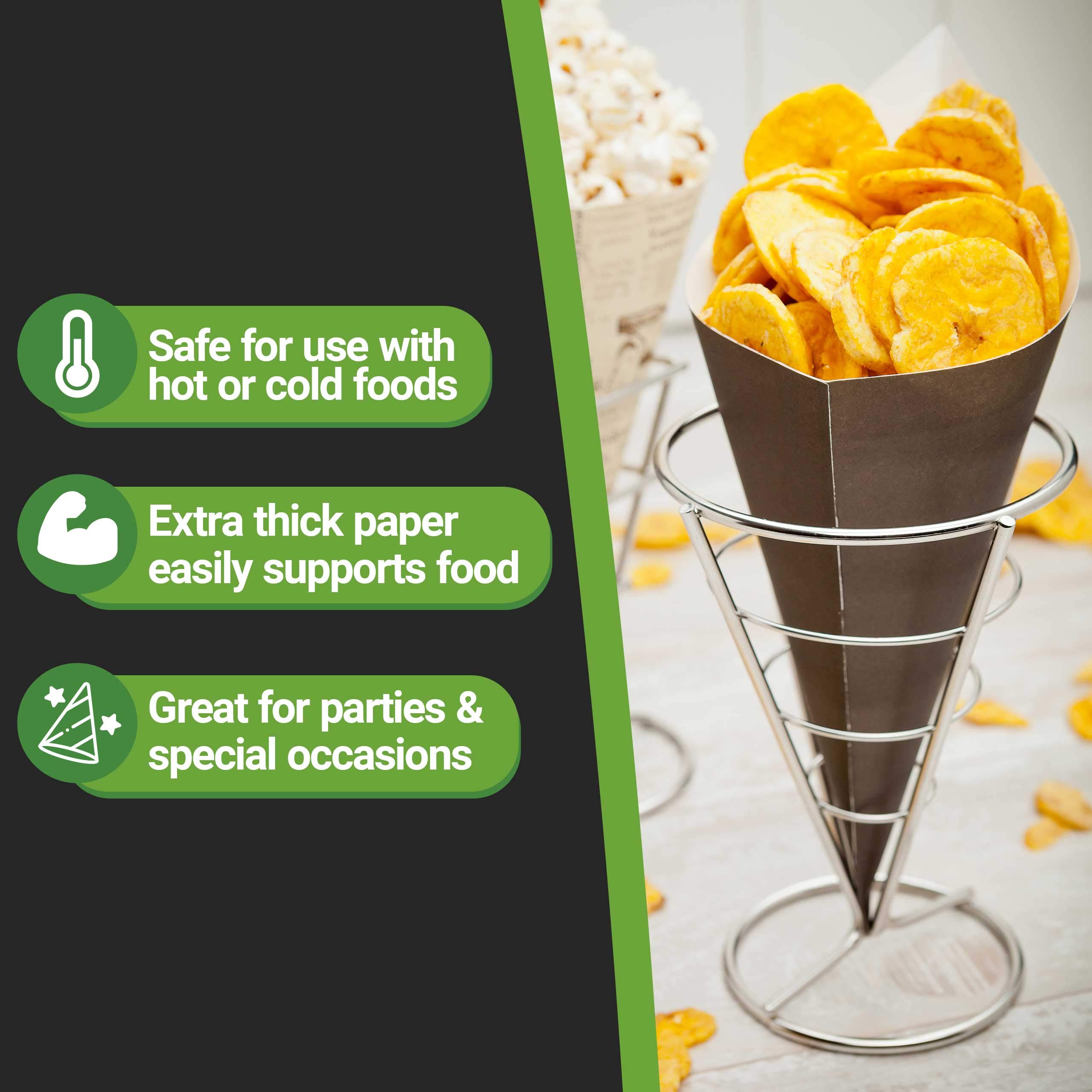Restaurantware Conetek 10-Inch Eco-Friendly Black Finger Food Cones: Perfect for Appetizers - Food-Safe Paper Cone - Disposable and Recyclable - 100-CT - Restaurantware