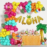182Pcs Tropical Balloons Arch Garland Kit, Luau Tropical Party Decorations with Aloha Pineapple Coconut Hot Pink Aqua Blue Balloons & Palm Leaves for Hawaiian Summer Birthday Supplies
