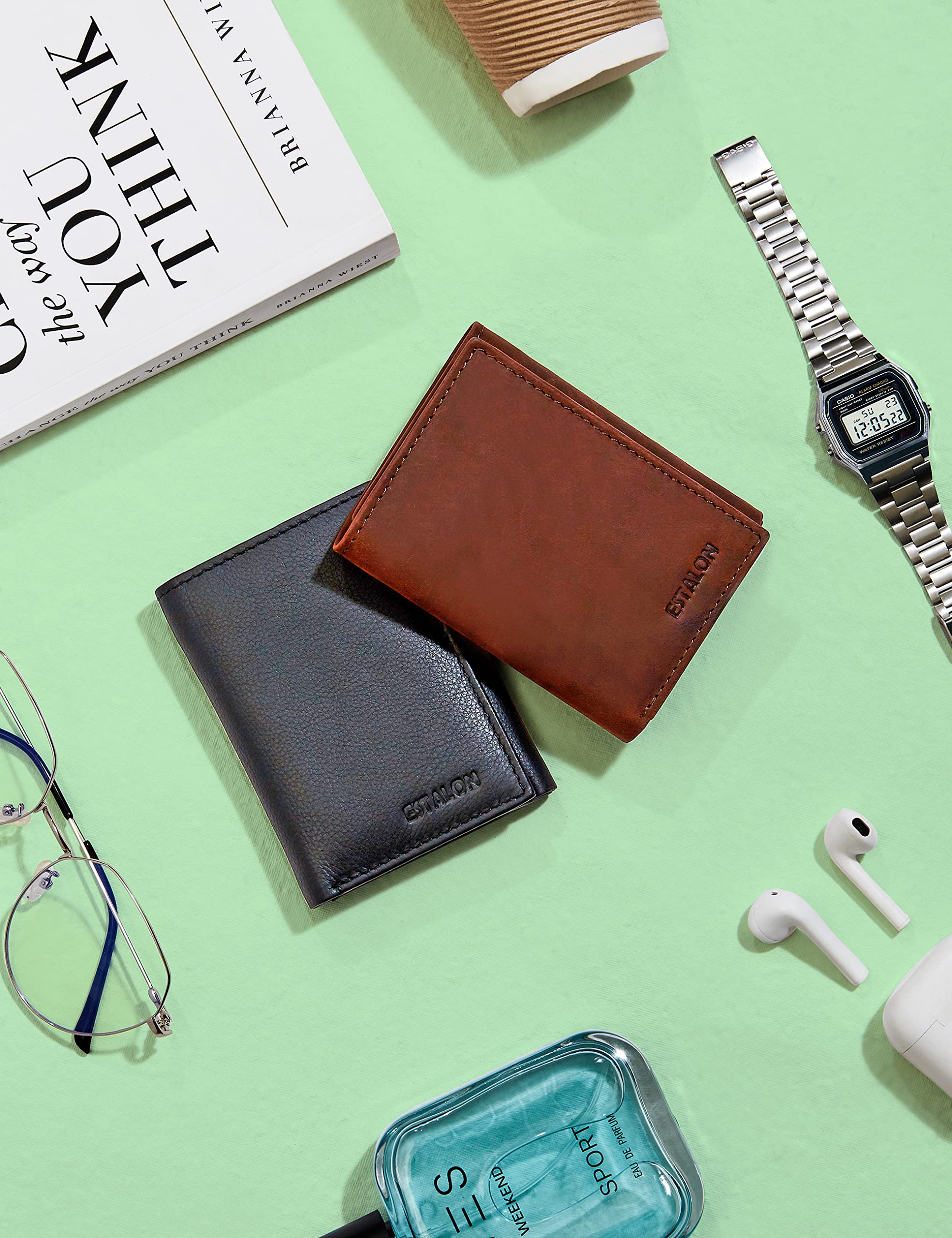 ESTALON Slim RFID Wallets for Men - Genuine Leather Front Pocket Trifold Wallet