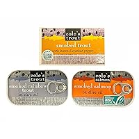 COLE'S Canned Seafood Variety Pack - Canned Salmon Wild Caught Boneless Skinless Smoked Rainbow Trout in Olive Oil Smoked Trout with Lemon and Cracked Pepper Gluten Free Preservative Free Canned Fish