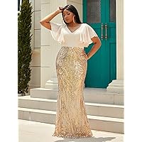 Dresses for Women 2023 Plus Sequin Decor Butterfly Sleeve Sequins Prom Dress (Color : Gold, Size : XX-Large)