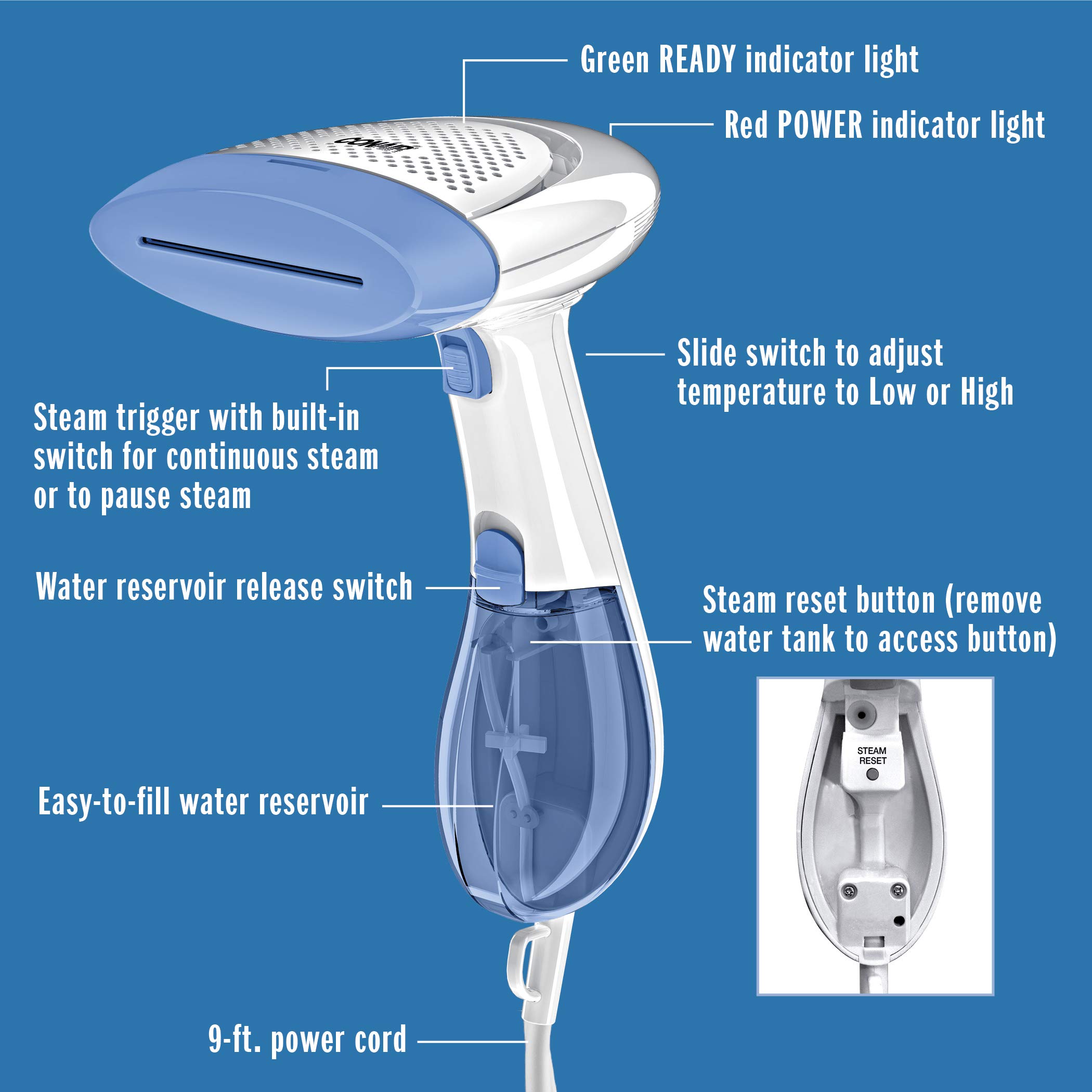 Conair Handheld Garment Steamer for Clothes, ExtremeSteam 1200W, Portable Handheld Design,White/Blue