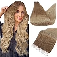 Fshine Tape in Hair Extensions Human Hair 20 Inch Hair Extensions Tape in Real Hair Color 10 Golden Brown Fading to 14 Golden Blonde Invisible Hair Extensions Straight 50 Grams 20 Pcs