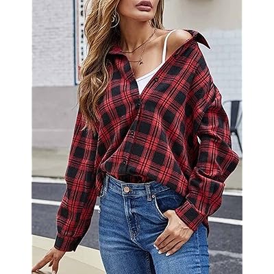 HangNiFang Womens Flannel Plaid Shirts Oversized Button Down Shirts Blouse  Tops