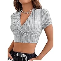 Women's T-Shirt Gorpcore Surplice Neck Ribbed Knit Crop Tee T-Shirt for Women (Color : Light Grey, Size : Large)