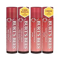 Burt's Bees Lip Tint Balm Bundle, Long Lasting 2 in 1 Duo Tinted Balm Formula, Color Infused with Hydrating Shea Butter for a Natural Looking Buildable Finish, 2 Petal Rose & 2 Red Dahlia (4-Pack)