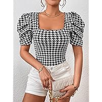 Women's T-Shirt Houndstooth Print Puff Sleeve Tee T-Shirt for Women (Color : Black and White, Size : Medium)