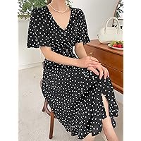 Summer Dresses for Women 2022 Polka Dot Butterfly Sleeve Single Breasted Dress Dresses for Women (Color : Black, Size : X-Large)