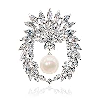 Flower Shape Brooch Pin - CZ Stones & Pearl White Gold Perfect for Weddings Bridal Parties Ideal for Daily Wear Formal Fashion Look for Women