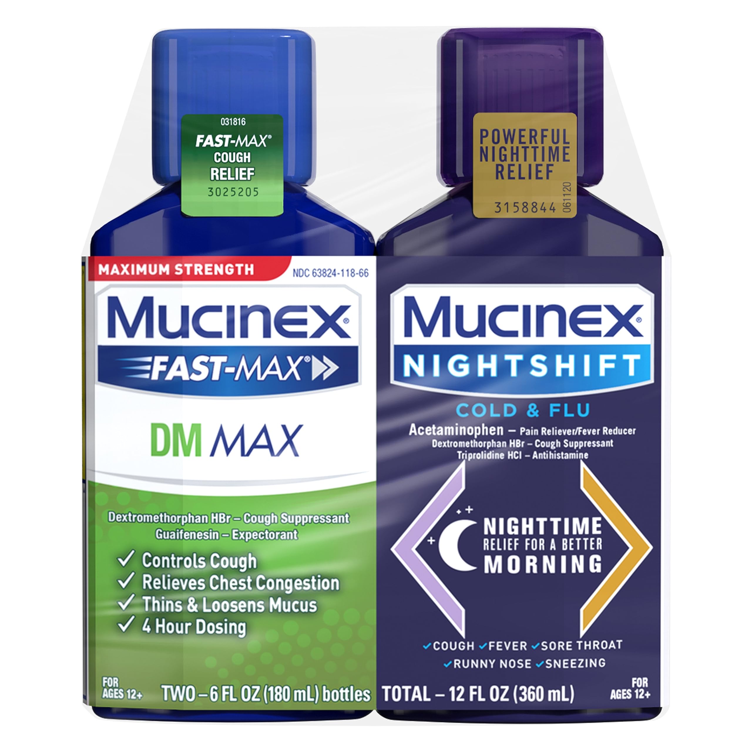 Maximum Strength Mucinex FastMax DM Max & Mucinex Nightshift Cold & Flu Liquid (2 x 6 fl. oz.) Thins & Loosens Mucus, Relieves Cough & Chest Congestion, Pain, Fever, Sneezing, Sore Throat, Runny Nose