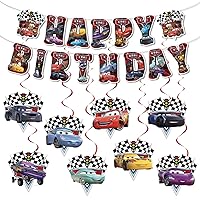 Lightning Cars birthday decorations include swirls of hanging cartoon Cars and happy birthday baby banners, as well as party favors for children.