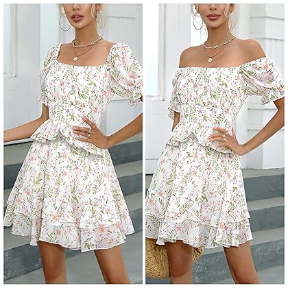 EXLURA Womens Summer Dress Floral Ruffle Tiered Square Neck Sundress Short Sleeve Off Shoulder Smocked Mini Dresses