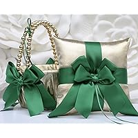 Flower Girl Basket and Ring Bearer Pillow Set in Gold and Emerald Green Color
