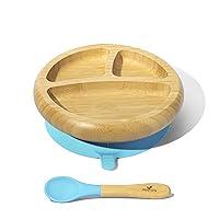 Avanchy Baby Plates Divided Bamboo with Suction for Babies Kids Toddler Food with Silicone Spoon for Feeding (Blue)