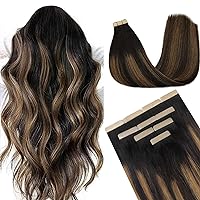 DOORES Human Hair Extensions, Balayage Natural Black to Chestnut Brown 22 Inch Real Tape in Hair Extensions Seamless Straight 30g 10pcs Seamless Tape in