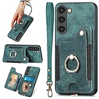 S23 Case,Card Holder Wallet for Samsung Galaxy S23 Case,Ring Holder Stand,RFID-Blocking,Wrist Strap,Camera Protector,Leather Protective Magnetic Flip Cover for Galaxy S23 Case 2023 (Green)