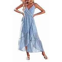 KIRUNDO Womens Summer Maxi Sun Dress Sexy Spaghetti Strap V Neck Flowy High Waist Split Beach Vacation Dresses with Belt