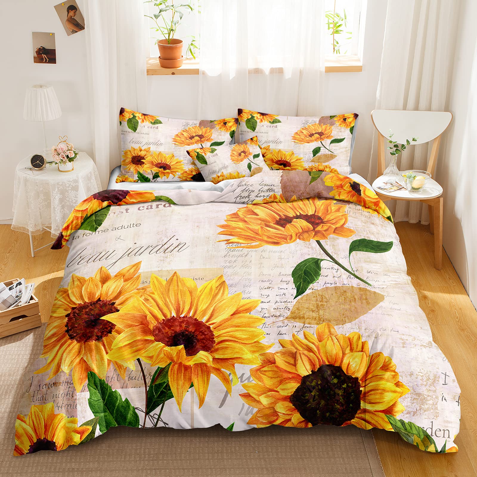 Vintage Sunflowers Bedding Letters Duvet Cover Set Letters and Sunflowers Printed Retro Boys Girls Bedding Sets Queen 1 Duvet Cover 2 Pillowcases (...