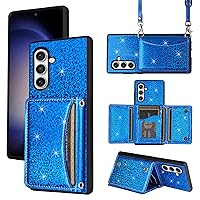 Wallet Case for Samsung Galaxy S23 FE 5G with Shoulder Strap, 6 Card Slots Thin Slim Flip Purse, Credit Card Holder Stand Sparkly Glitter Bling Phone Cover for S 23 EF S23FE 23S Women Men Blue