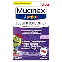 Nasal Decongestant, Cough Suppressant & Expectorant, Junior Cough & Congestion Caplets, 20ct, Ages 6+ years, Thins & Loosens Mucus & Relieves Chest Congestion, Cough & Stuffy Nose by Mucinex