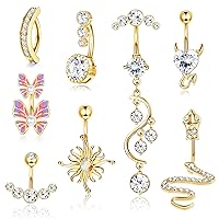FIBO STEEL 8 Pcs 14G Belly Button Rings for Women 316L Surgical Steel CZ Butterfly Snake Curved Reverse Navel Rings Belly Piercing Jewelry