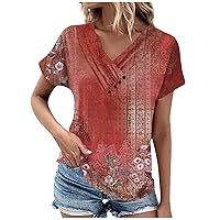 Deal of The Day 2024 Summer Tops for Women Trendy Vintage Floral Print Buttons Short Sleeve V Neck Blouse Tees Spring Dressy Casual Tunic Shirts Lightweight Holiday Workout Comfy T Shirt