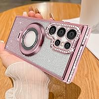 Losin Compatible with Galaxy S24 Ultra Glitter Magnetic Case with Invisible Stand [Compatible with MagSafe] Luxury Bling Rhinestone Full Camera Lens Protection Cover for Women and Girls, Pink